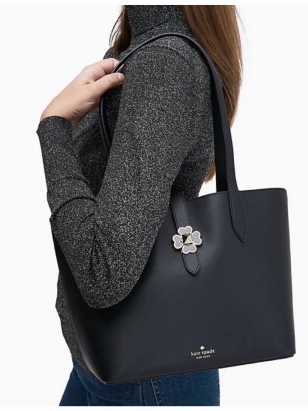 Kate Spade Kaci Small Black Leather Tote Bag Clover Turn Lock Shoulder Purse